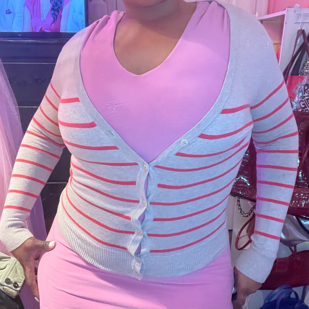 Merona Pink and Gray Striped Cardigan